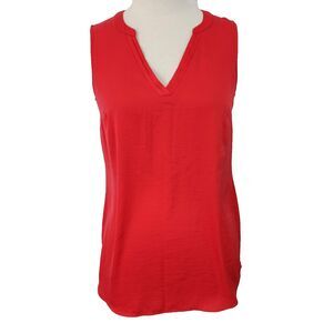 Cabi Sleeveless Shirt Top XS Pleated V Neck Pullover Solid Red Blouse Polyester